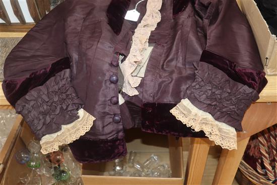 A 19th century deep burgundy silk ladies two piece, an embroidered petit point shawl and a fine silk organza shawl